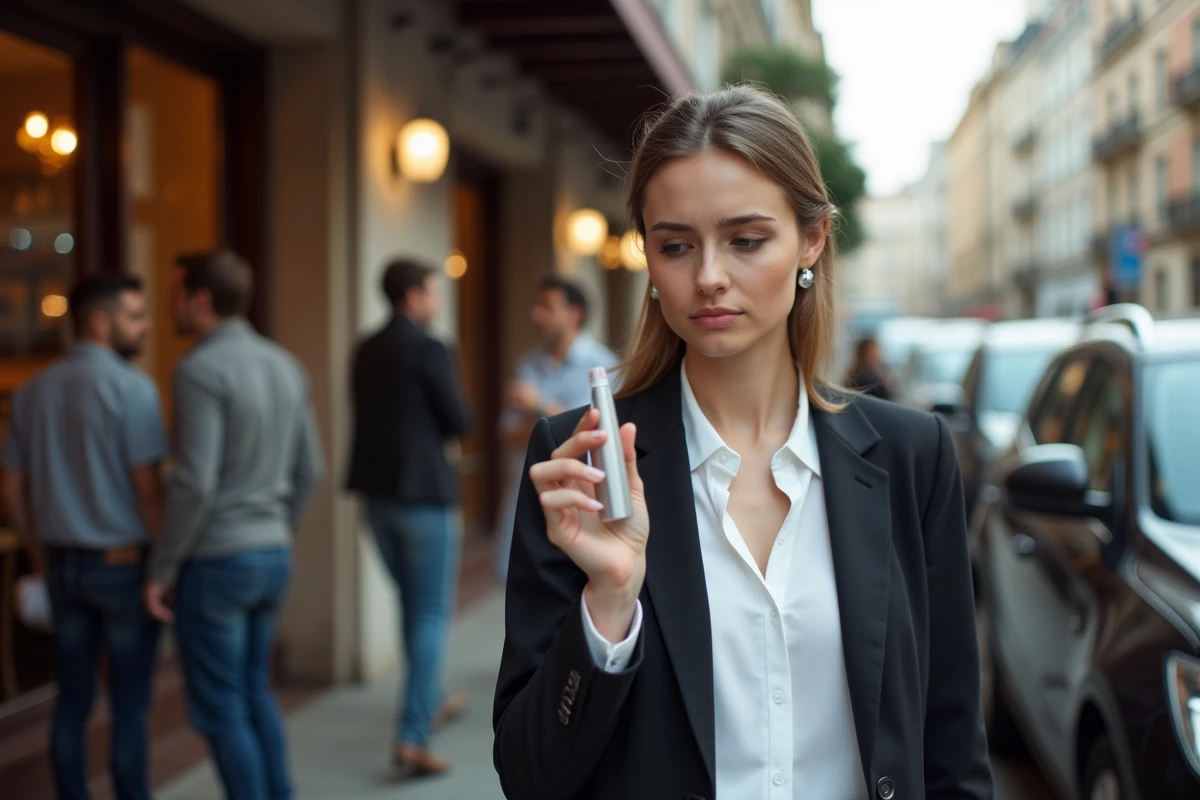 Jeune femme avec alcootest devant café en ville