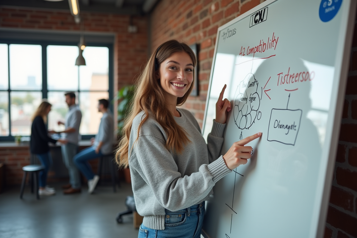Femme pointant diagramme SEO sur tableau blanc dans coworking