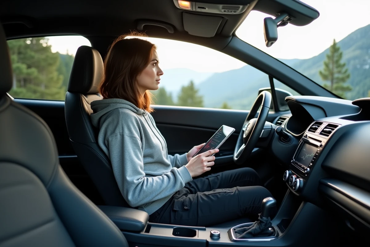 Femme dans la voiture Subaru WRX sur un panorama de montagne