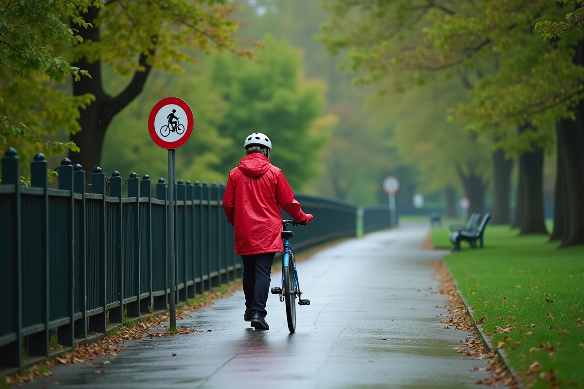 Femme à vélo marchant dans un parc sous la pluie