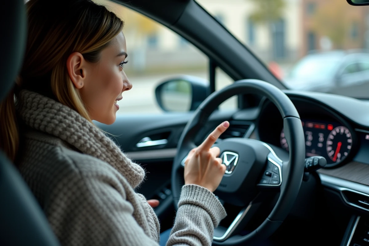 Jeune femme regardant le tableau de bord de sa voiture