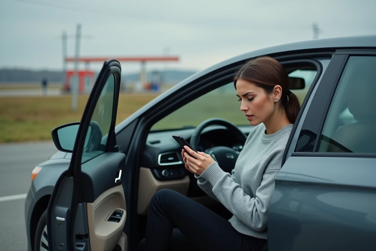 Femme dans sa voiture consultant une application de géolocalisation pour trouver l'essence la moins chère à proximité