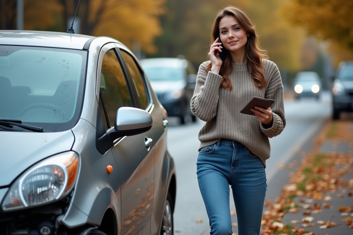 Jeune femme au téléphone près d une voiture endommagée