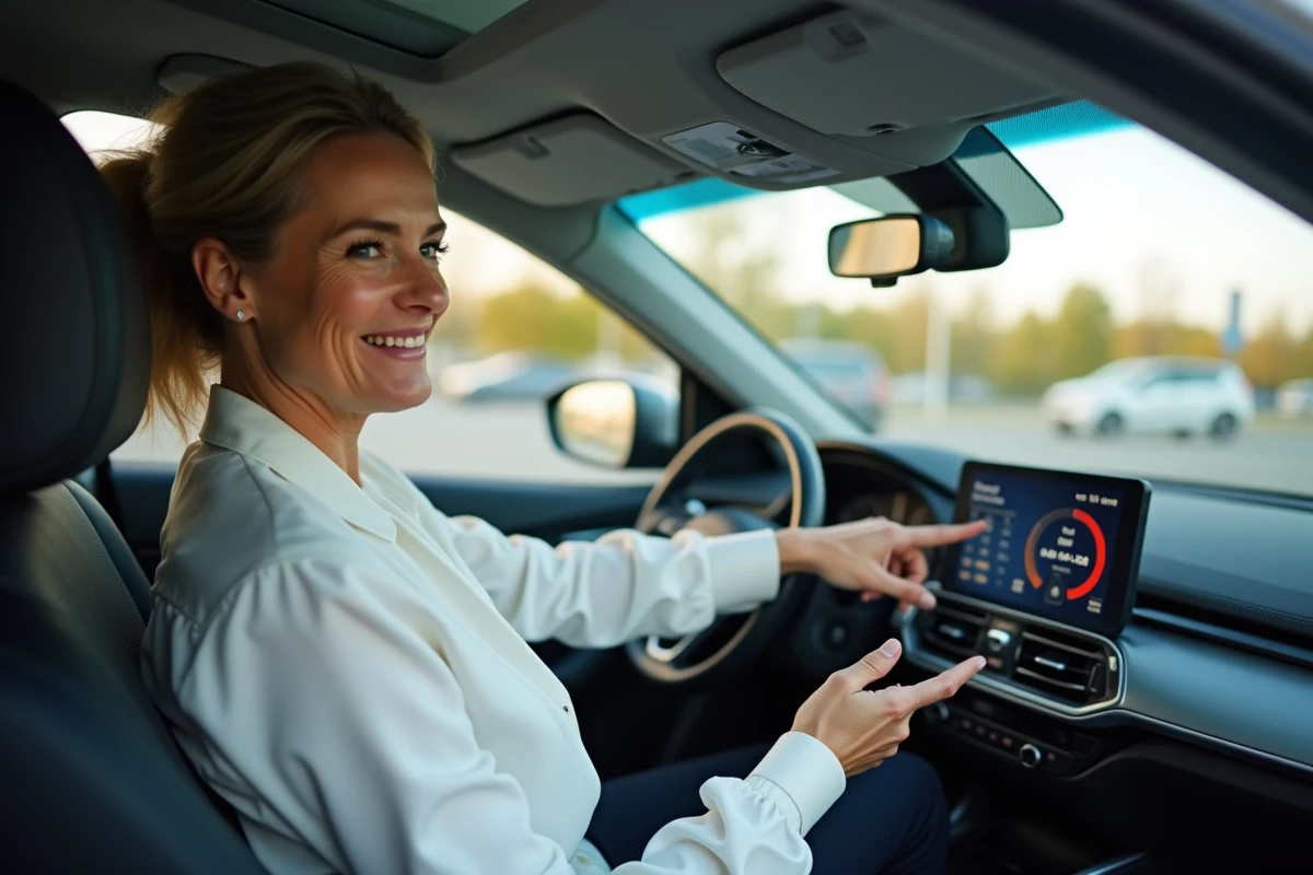 Femme expliquant la conversion vitesse dans une voiture