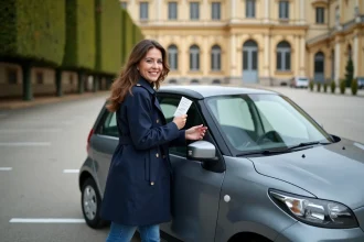 Femme souriante fermant sa voiture devant Versailles