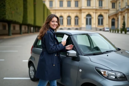 Femme souriante fermant sa voiture devant Versailles