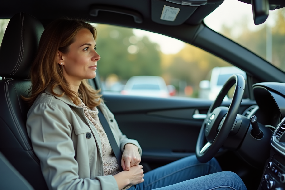 Femme attachant sa ceinture dans une voiture moderne