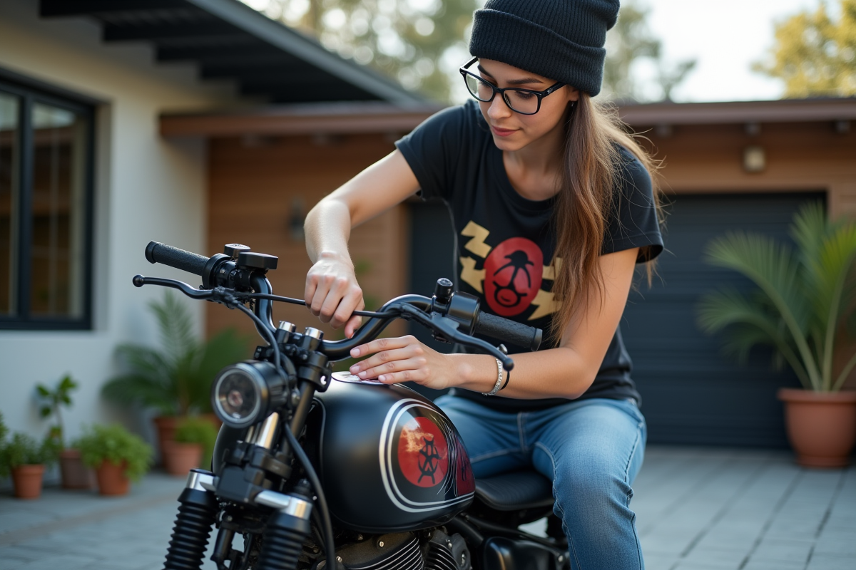 Fille appliquant un decal sur sa moto 50cc