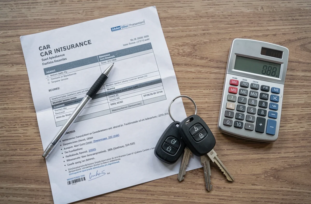 Vue de dessus d'un bureau avec contrat d'assurance auto, clés de voiture et calculatrice affichant un tarif mensuel