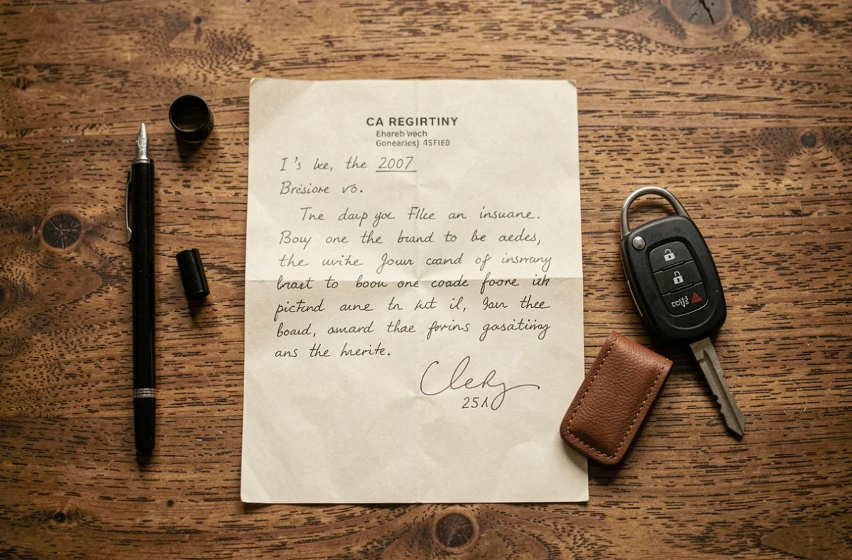 Vue de dessus d'une lettre de résiliation d'assurance auto manuscrite avec carte grise et clés de voiture sur une table en bois