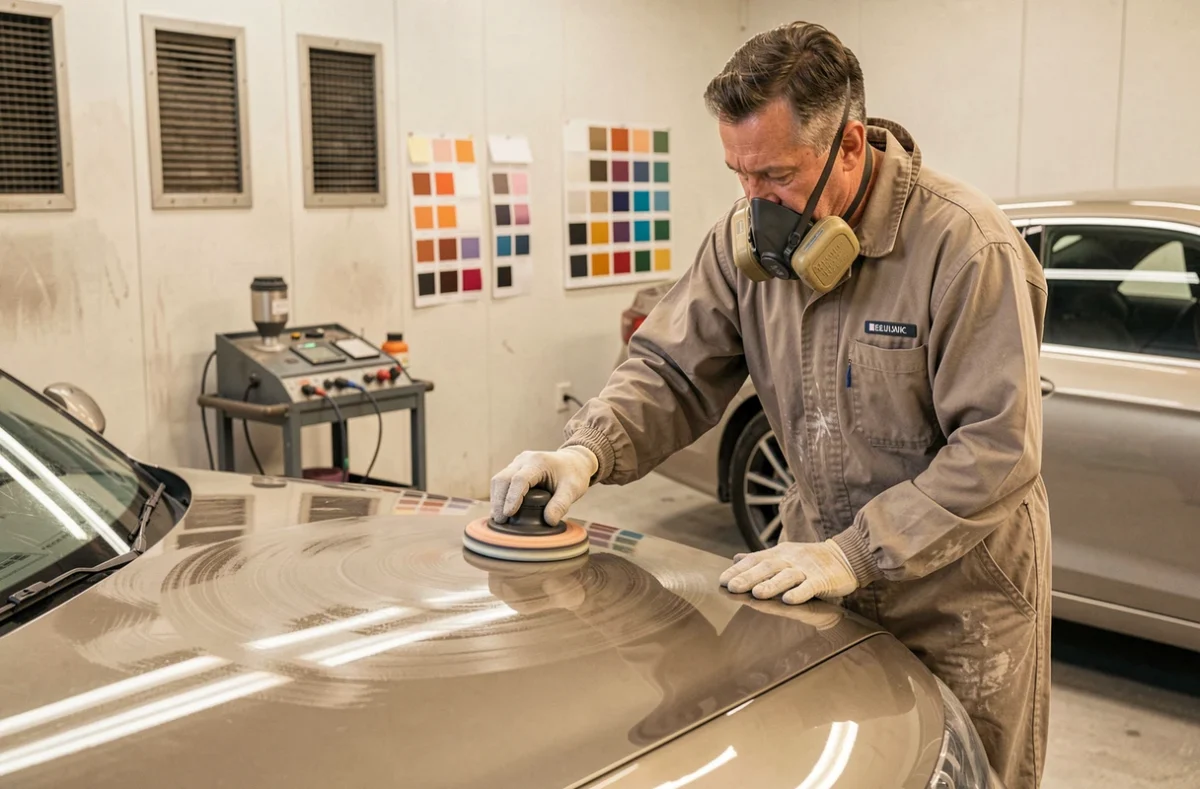 Peintre carrossier du Garage Carrosserie des Landes Fleuries appliquant une finition sur un capot de voiture dans l'atelier