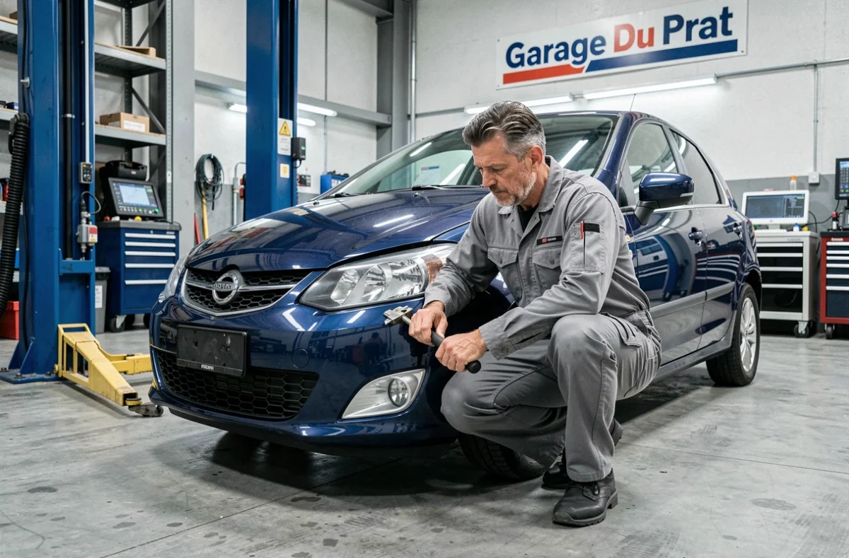 Mécanicien du Garage Du Prat inspectant le pare-chocs avant d'un véhicule endommagé