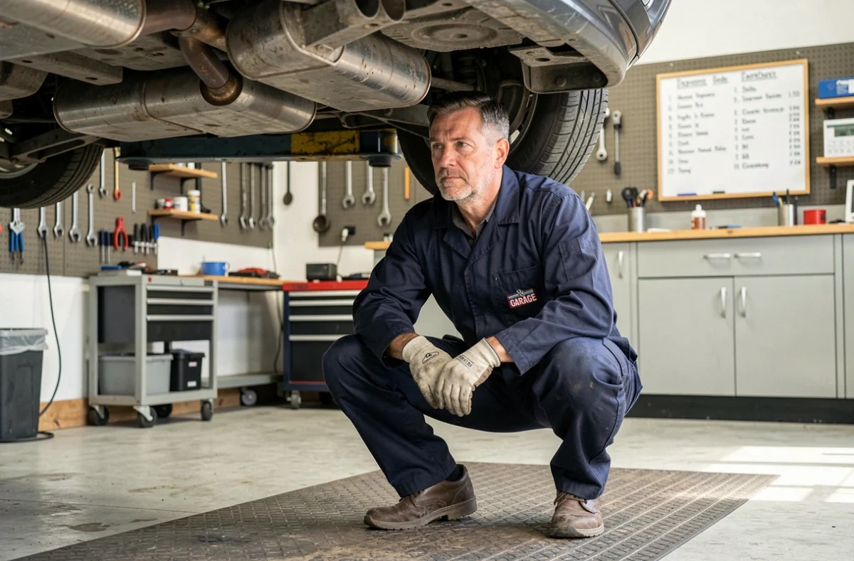 Mécanicien du Garage Guillou inspectant le dessous d'un véhicule dans son atelier multimarque à Saint-Evarzec