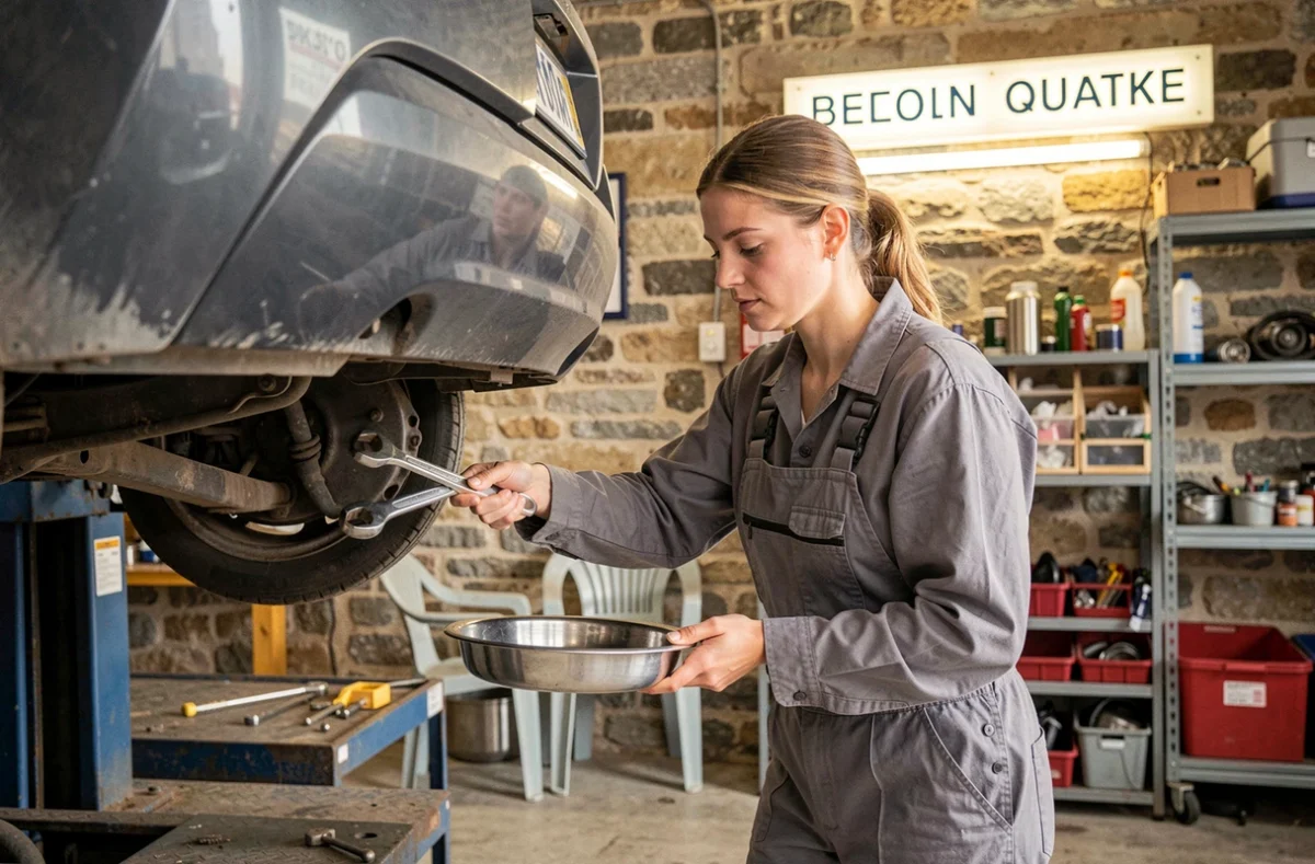 Technicienne du Garage Kerlouis effectuant un entretien sur un véhicule dans l'atelier de Plouguernével