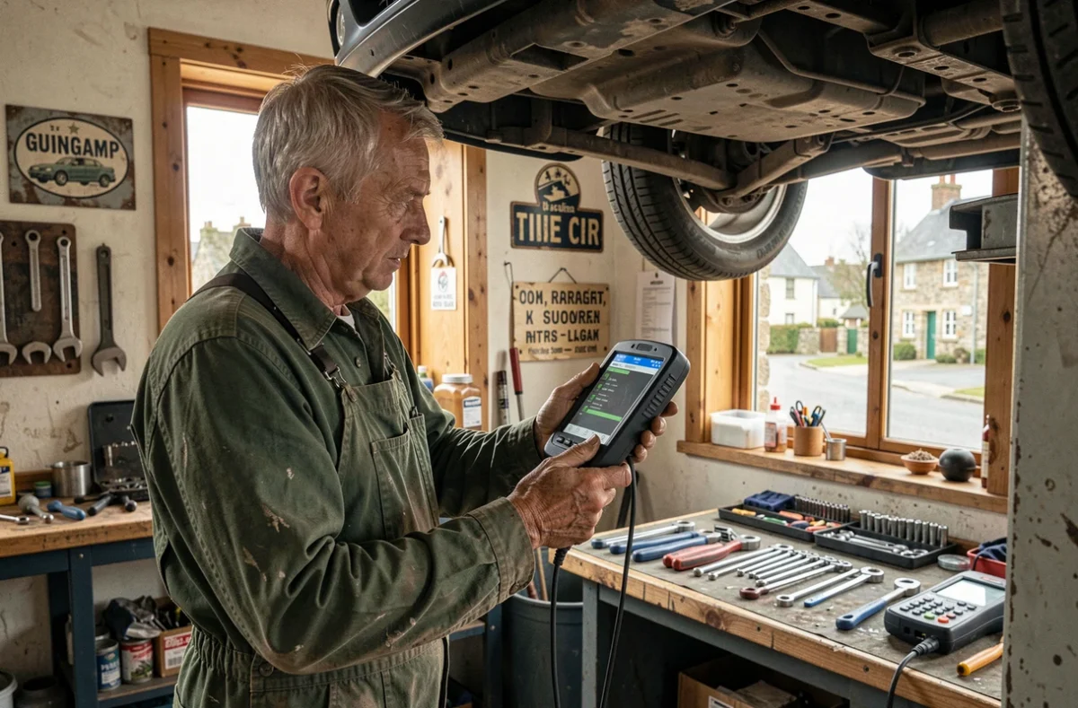 Mécanicien du Garage Le Goff utilisant un scanner de diagnostic OBD sur un véhicule dans son atelier de mécanique générale à Guingamp