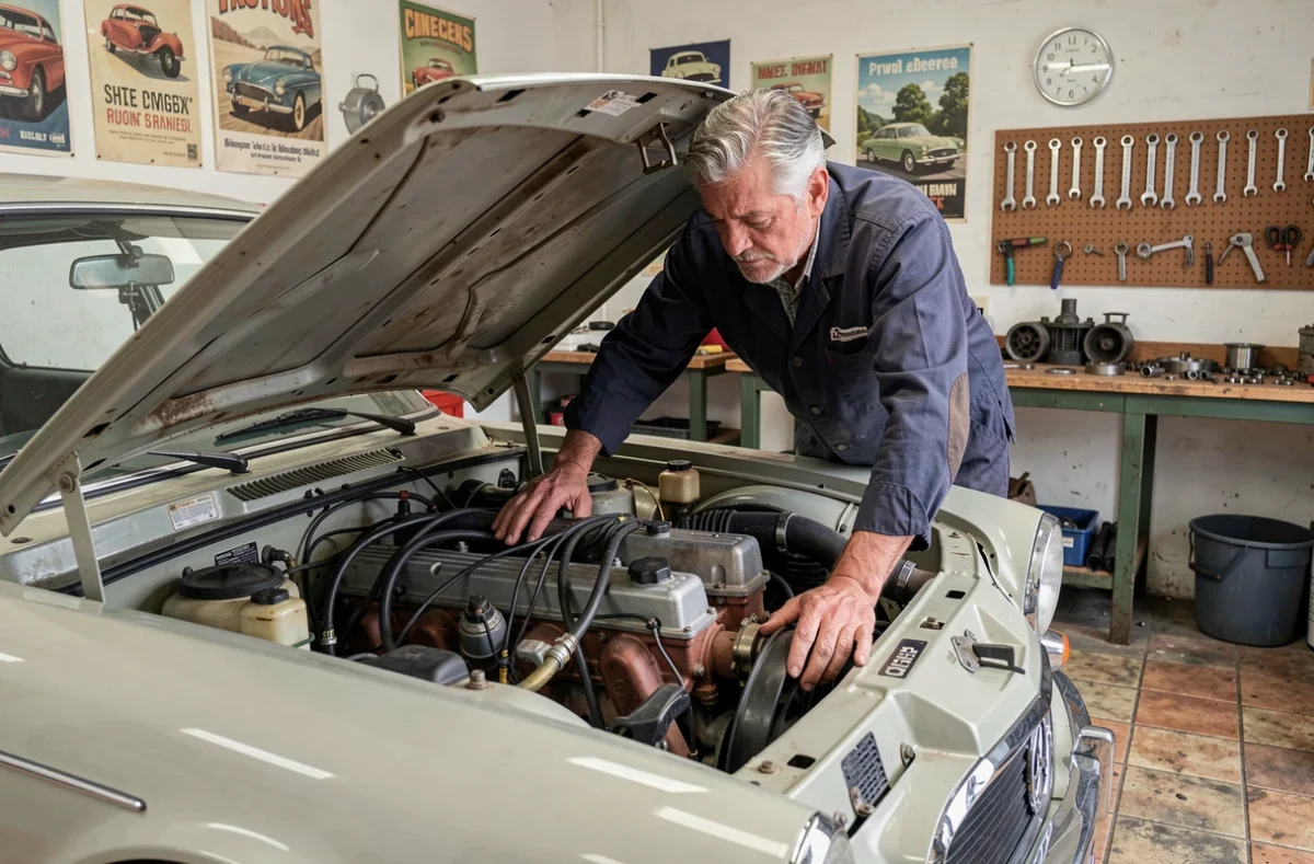 Mécanicien spécialiste du Garage Rannou travaillant sur le moteur d'un véhicule dans son atelier à Dinéault