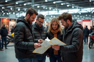 Groupe de personnes devant le salon de la moto à Milan