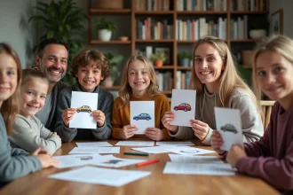 Groupe familial autour d'une table avec quiz logos voitures