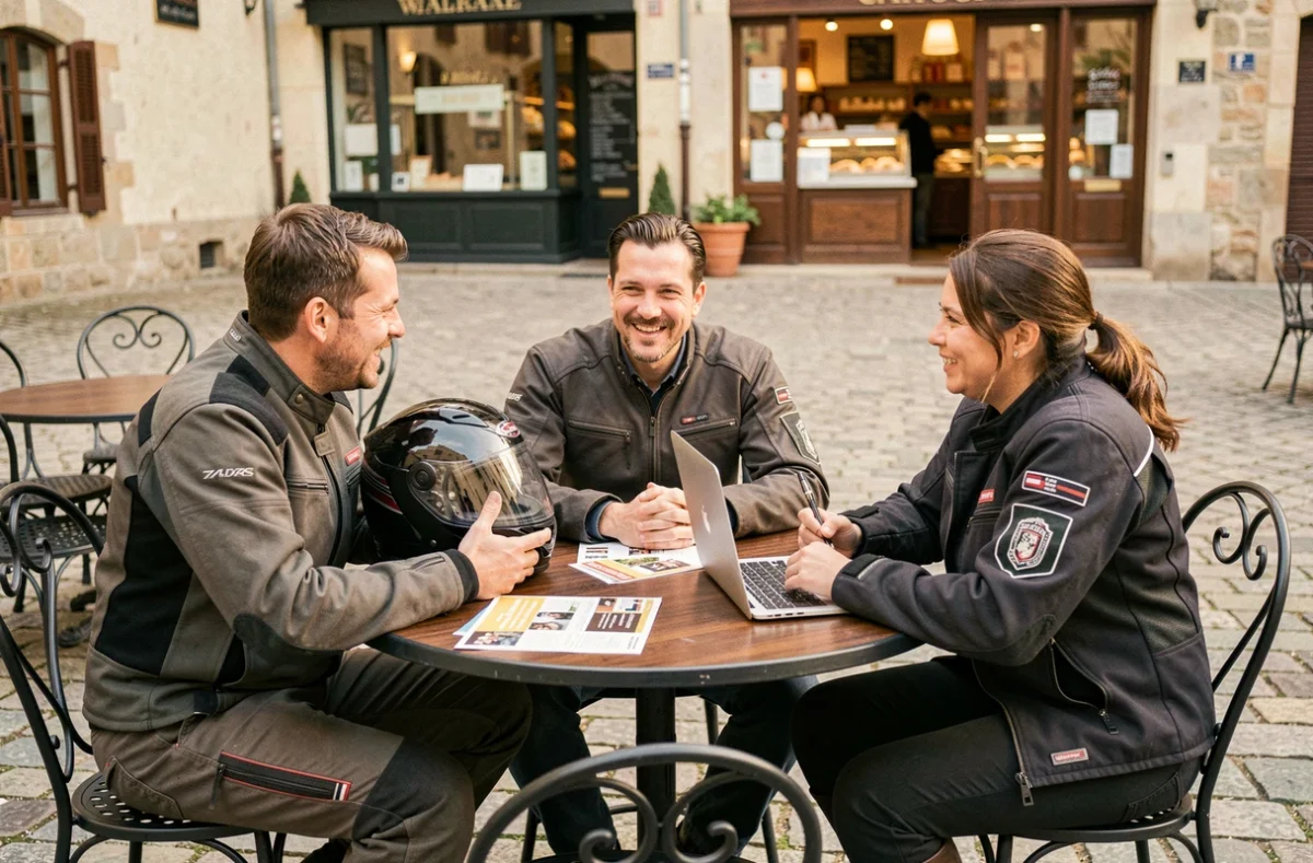 Groupe de motards discutant du boycott du contrôle technique moto autour d'une table en terrasse de café