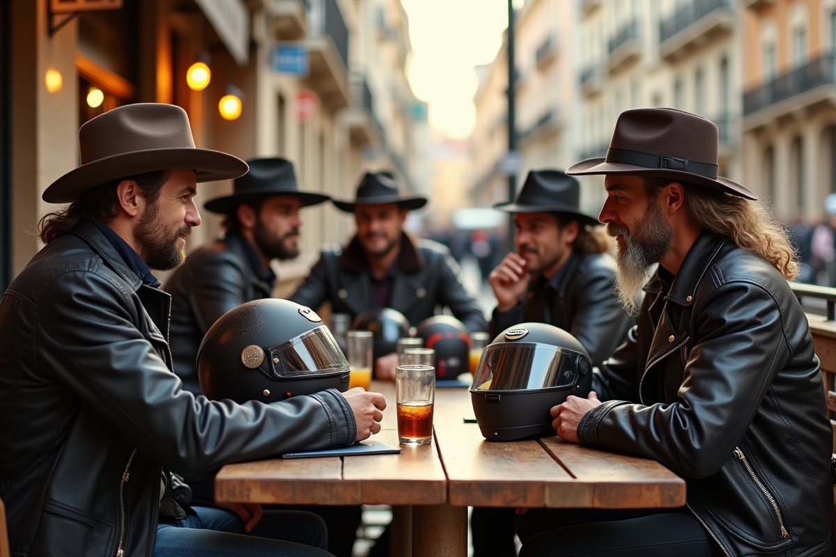 Groupe de motards avec différents chapeaux en terrasse