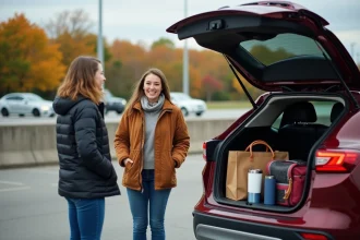 Groupe d adultes souriants près d'une voiture en voyage d'automne