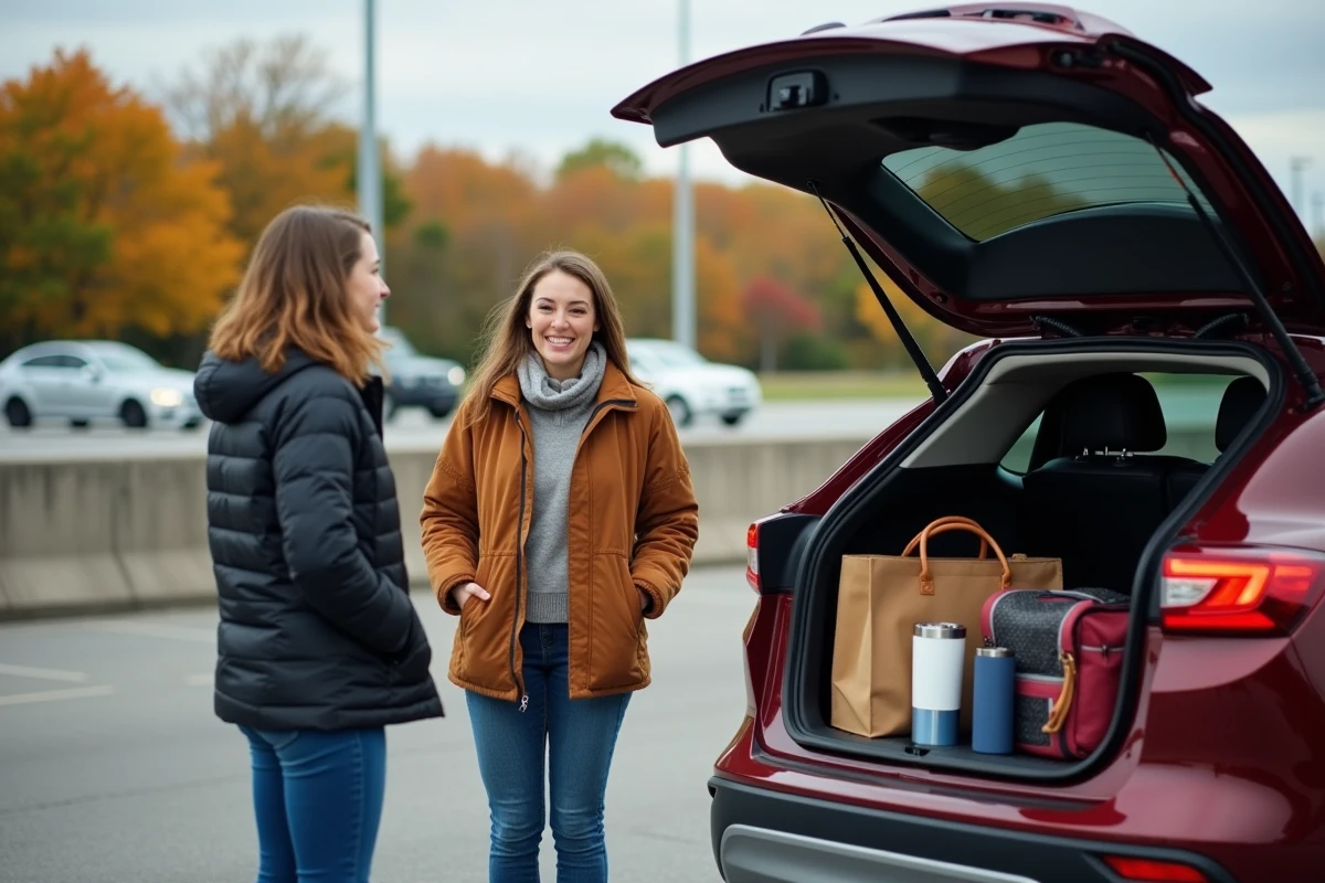 Groupe d adultes souriants près d'une voiture en voyage d'automne