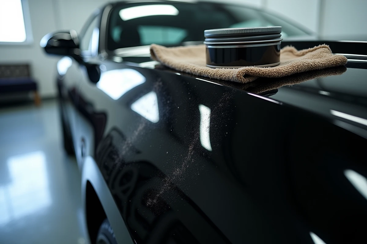 Gros plan sur une carrosserie noire montrant la différence entre une zone avec hologrammes de polish et une zone parfaitement polie sans défaut
