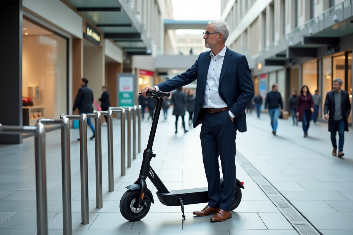 Homme d affaires en costume verrouille son scooter près d un centre commercial