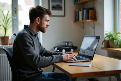 Homme en sweater regardant un forum BMW sur son ordinateur
