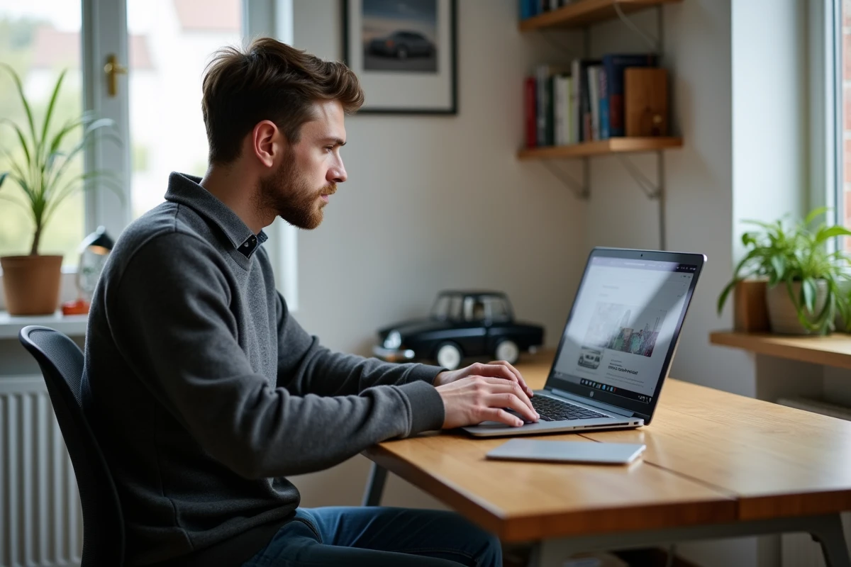 Homme en sweater regardant un forum BMW sur son ordinateur