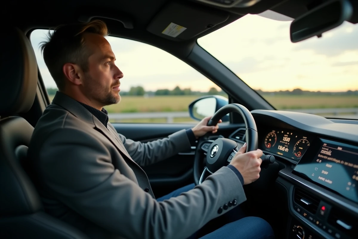 Homme au volant d'une voiture moderne sur l'autoroute