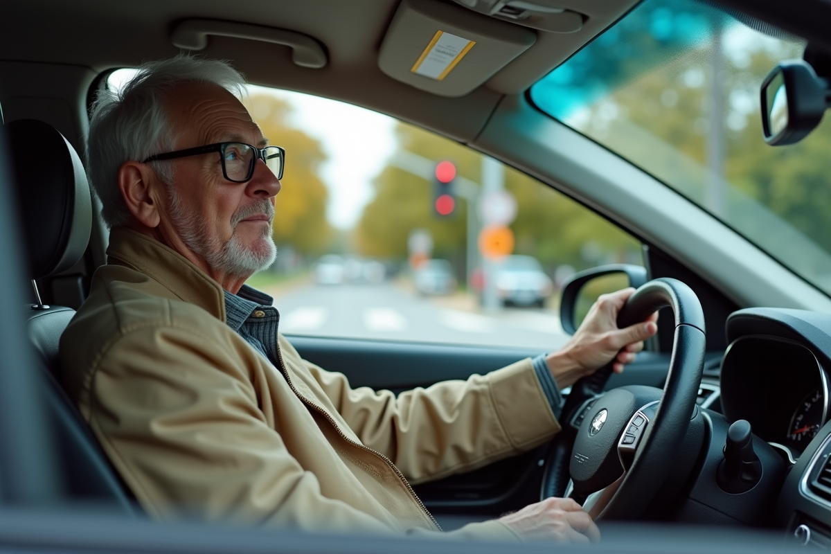 Homme plus âgé à un feu rouge dans une voiture en banlieue