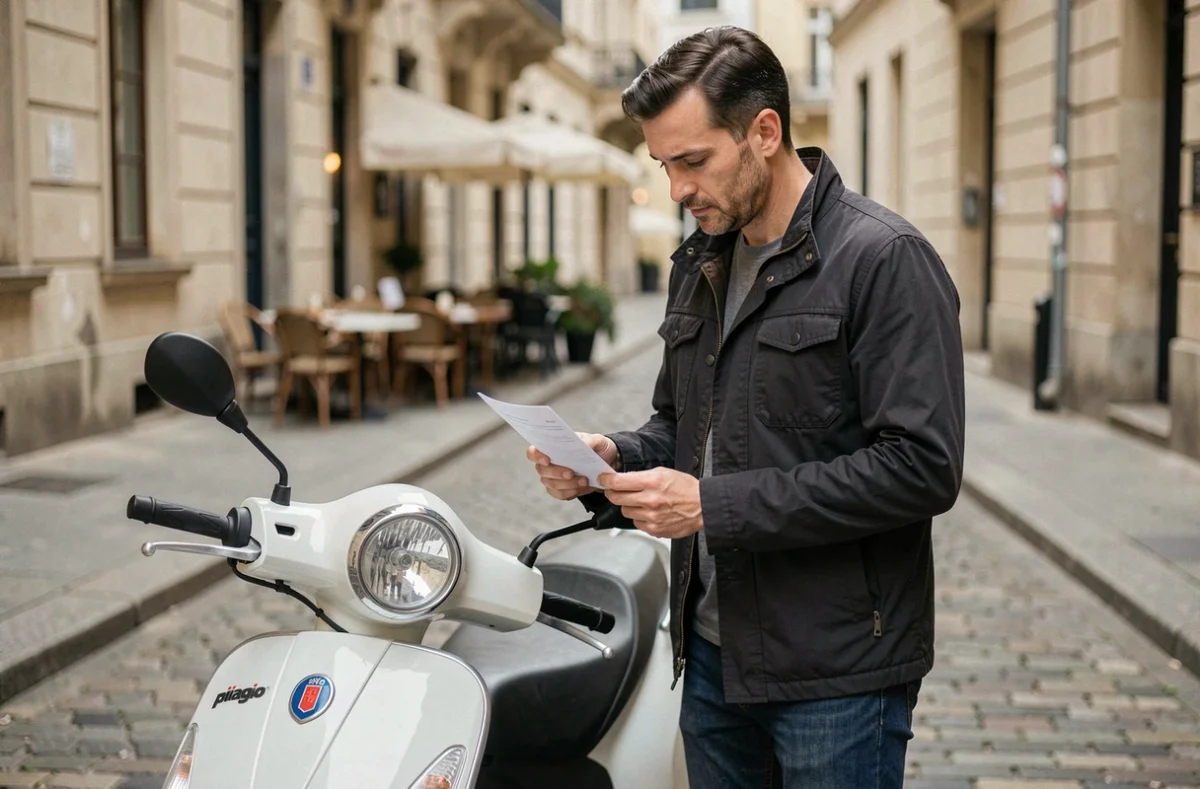 Homme consultant son contrat d'assurance scooter Piaggio sur un trottoir urbain