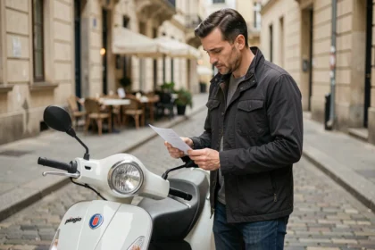 Homme consultant son contrat d'assurance scooter Piaggio sur un trottoir urbain