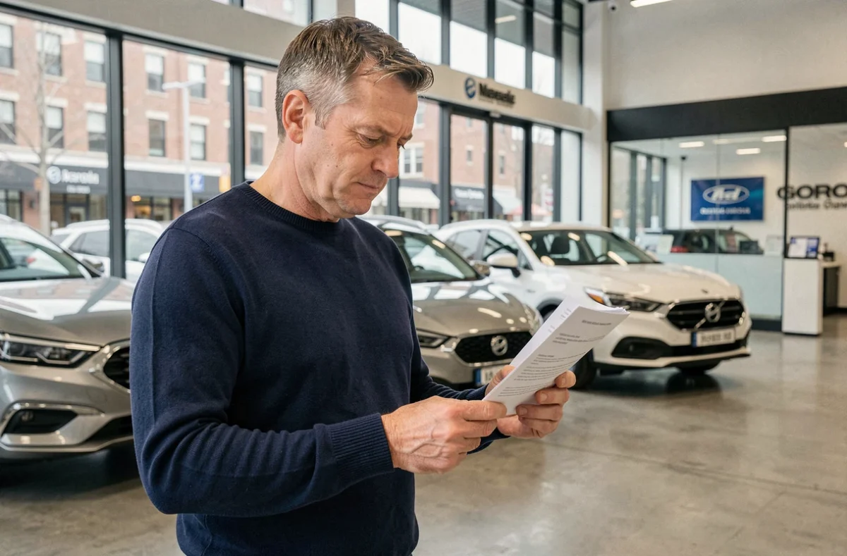 Homme examinant un contrat automobile dans une concession, illustrant les questions sur Aramis Auto et UFC-Que Choisir