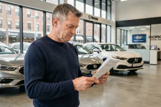 Homme examinant un contrat automobile dans une concession, illustrant les questions sur Aramis Auto et UFC-Que Choisir