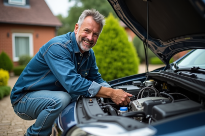 Homme vérifiant le niveau d'huile sous le capot d'une voiture