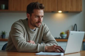 Homme concentré sur son ordinateur dans une cuisine moderne