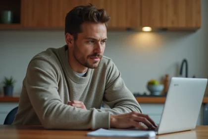 Homme concentré sur son ordinateur dans une cuisine moderne