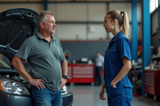 Homme d'âge moyen parlant à une mécanicienne dans un atelier auto