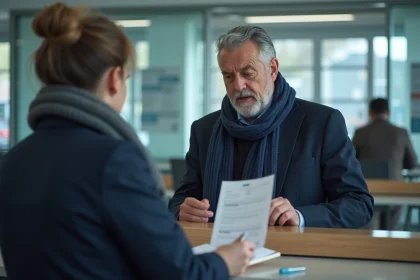 Homme d'âge moyen remettant ses documents à un agent administratif