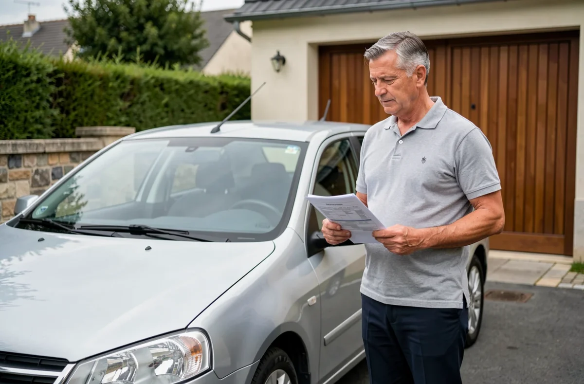 Un homme examine ses documents d'assurance auto au kilomètre devant sa voiture garée dans une allée résidentielle