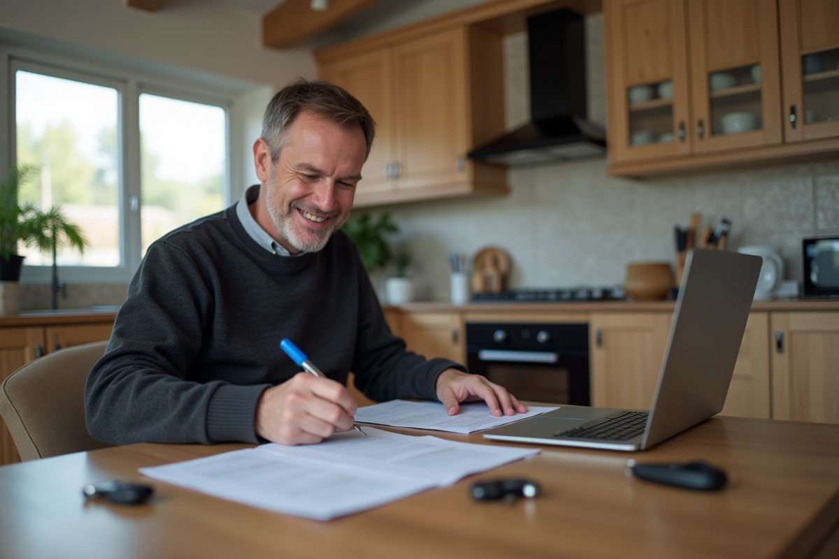 Homme d age moyen remplissant des formulaires dans la cuisine