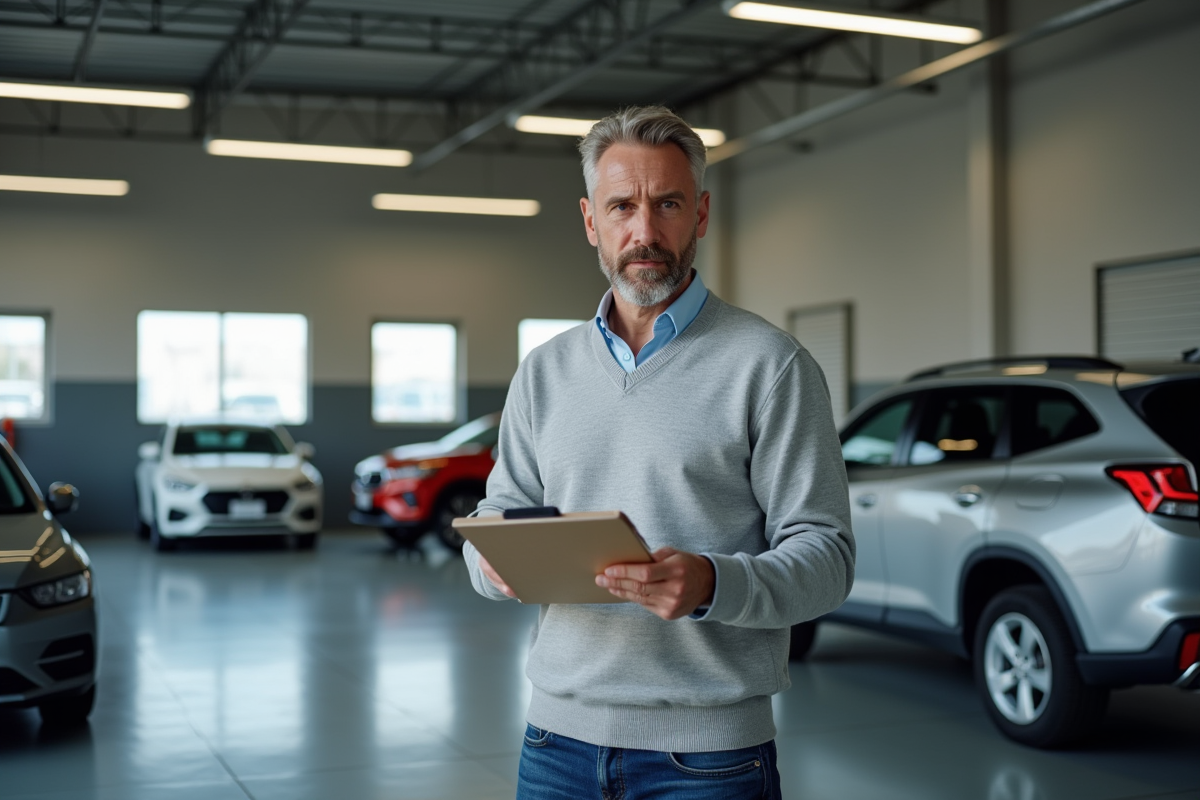 Homme d'âge moyen dans un garage automobile professionnel