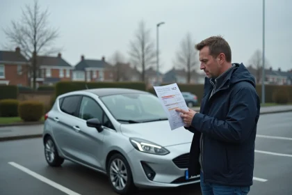 Homme lisant un graphique de consommation WLTP à côté de sa voiture