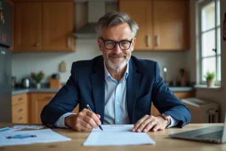 Homme d'âge moyen lisant un document de voiture dans sa cuisine