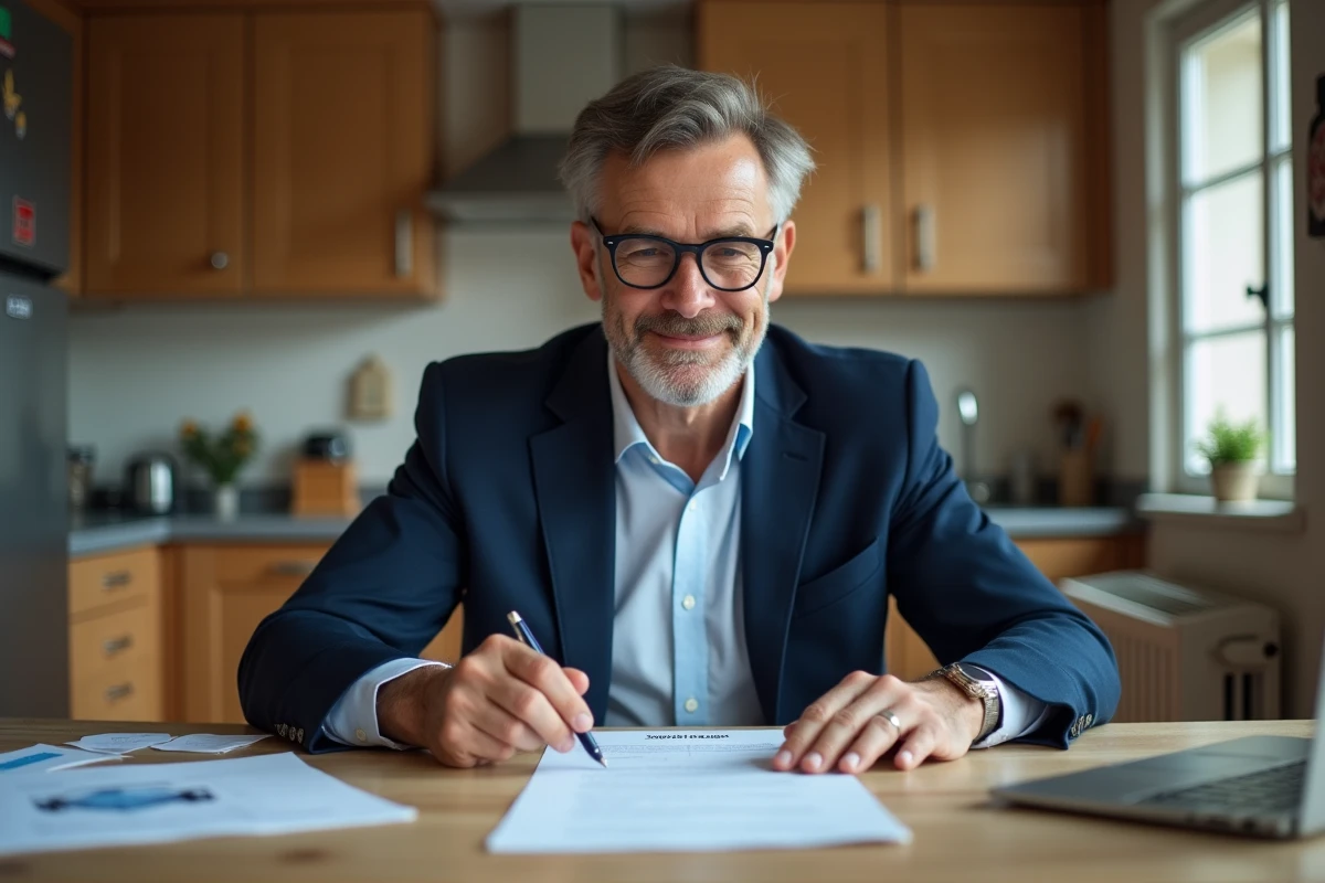 Homme d'âge moyen lisant un document de voiture dans sa cuisine
