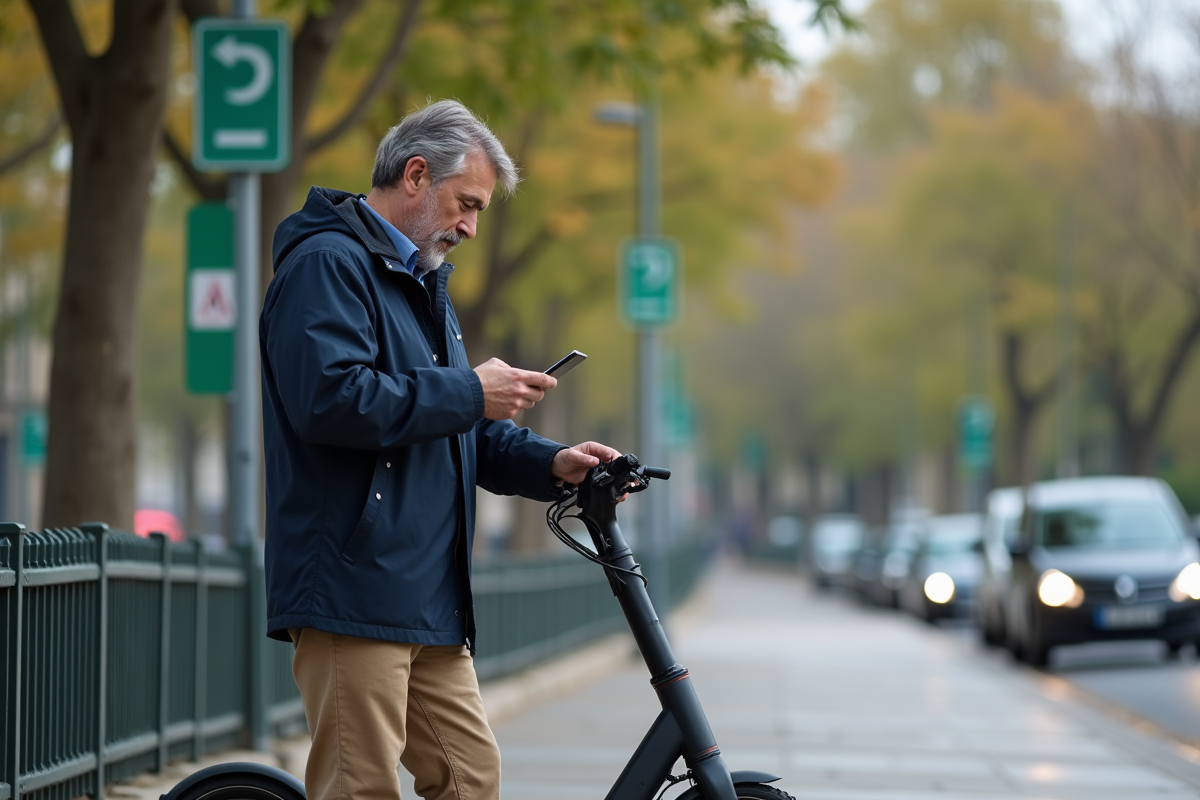 Homme verrouillant son escooter à Paris avec smartphone