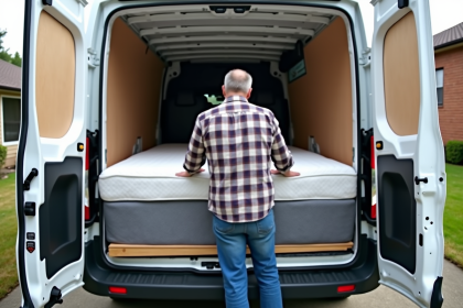 Homme en jeans chargeant un matelas dans une camionnette