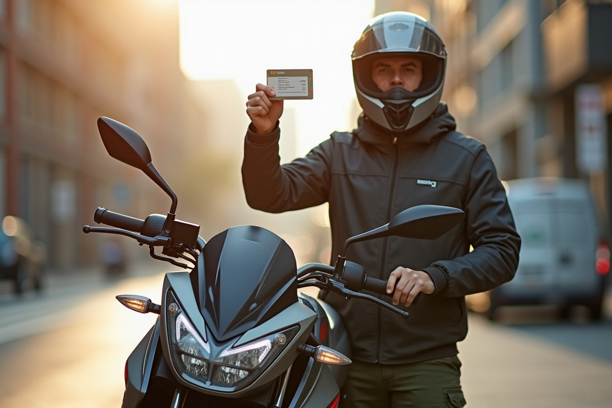 Homme en équipement moto avec permis devant une moto 125cc en ville
